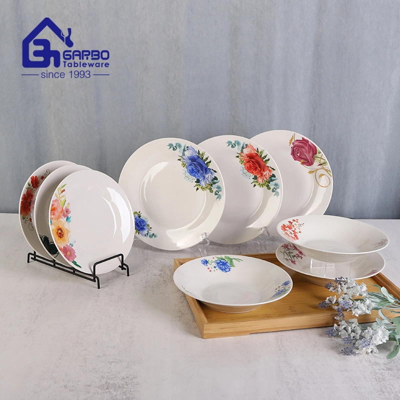 High Quality Ceramic Plates with Flower Decal Designs Dinner Sets Porcrlain Dished for Home