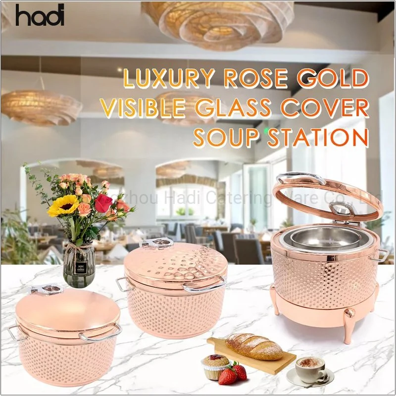 Guangzhou Hadi Catering Ware Soup Warmer 11liter Luxury Golden Hammered Soup Kettle Warmer Buffet Chafing Dish Soup Pot with Glass Lid