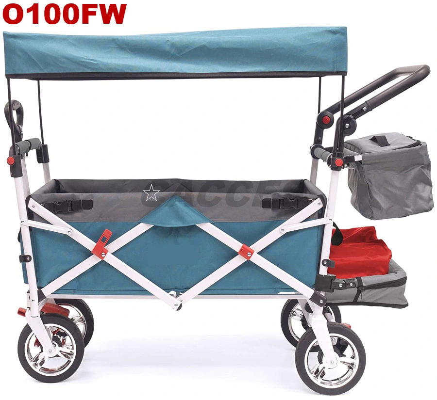 Push&Pull Collapsible Utility Wagon,Heavy Duty Folding Portable Hand Cart W/Removable Canopy,Tray,7′′ Chrome Wheel,Adjustable Handles for Shopping,Camping,Beach